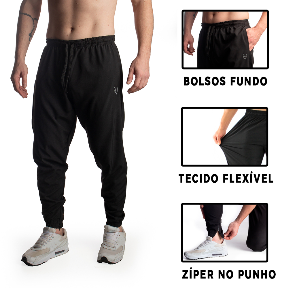 Kit 2 Calças Jogger Masculina Flexível Academia Logo Refletivo e Zíper no Punho