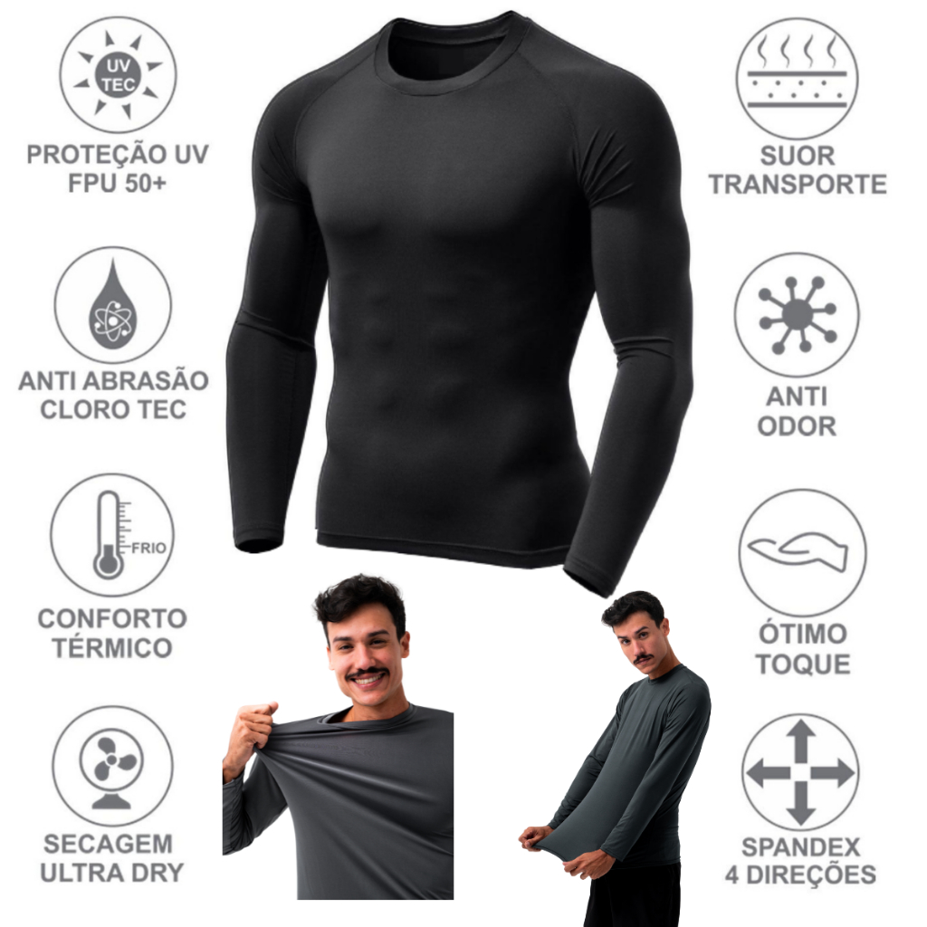 Camisa Térmica Proteção Uv 50+ Segunda Pele Camiseta Blusa Malha Fria Unissex Academia Manga Longa