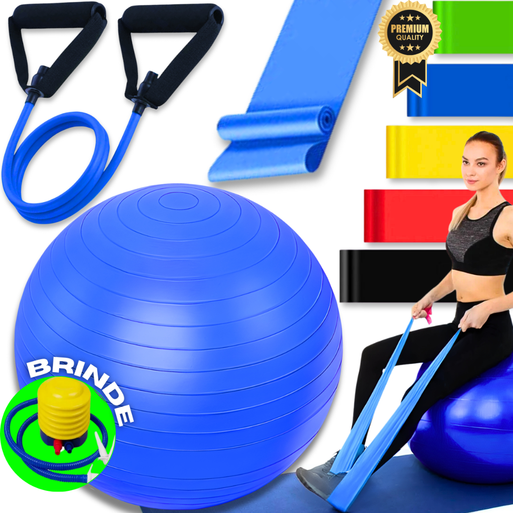 Kit Bola Suíça Pilates Fisioterapia 65cm + Faixa Elástica Thera Band Elástico Exercício 5 Mini Band