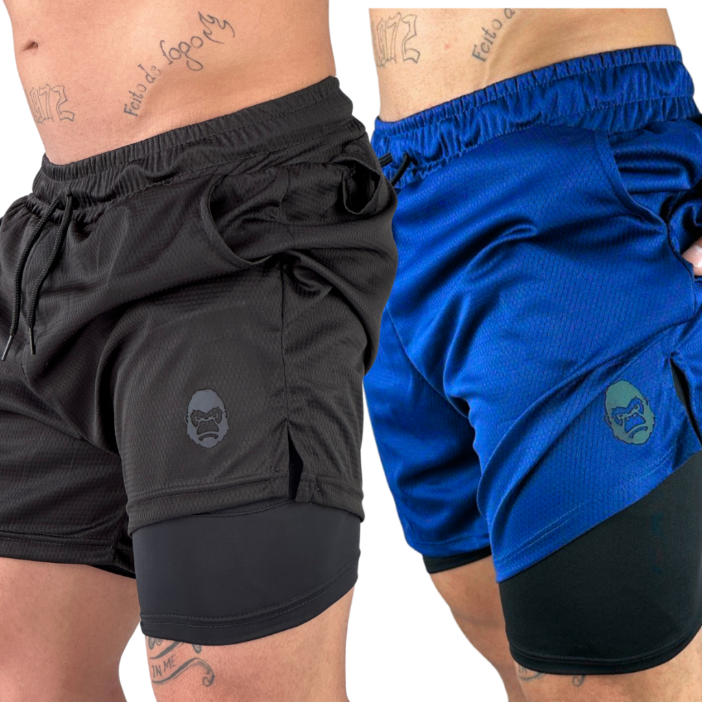 Kit 2 Shorts Kong Bermuda 2 em 1 Para Academia