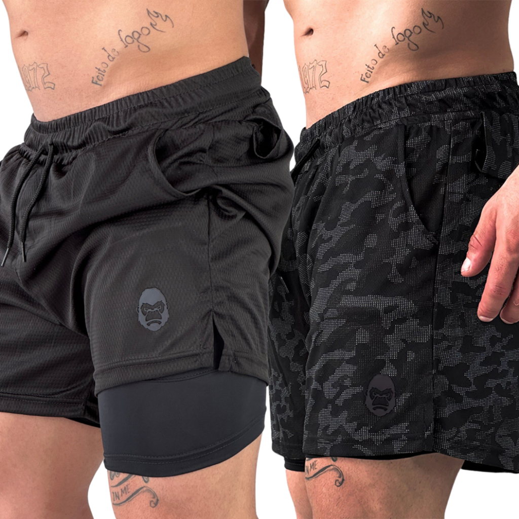 Kit 2 Shorts Kong Bermuda 2 em 1 Para Academia